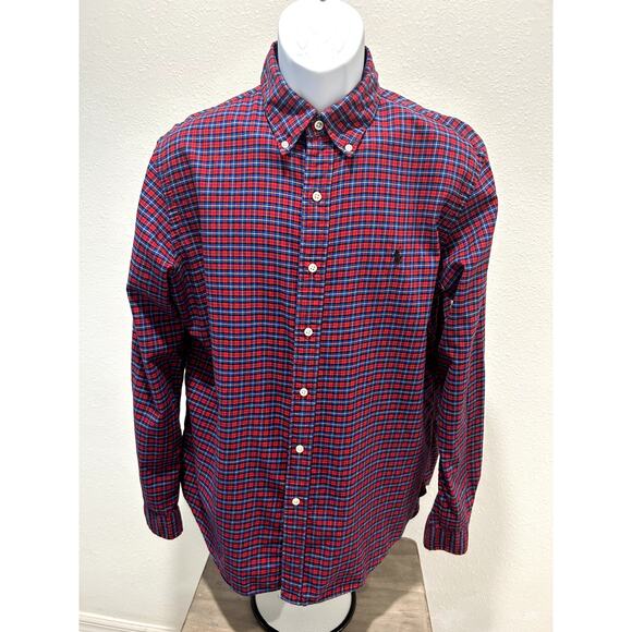 Ralph Lauren Polo Shirt Men's Red Blue Plaid Button Up Long Sleeve Size Large L - Picture 1 of 5